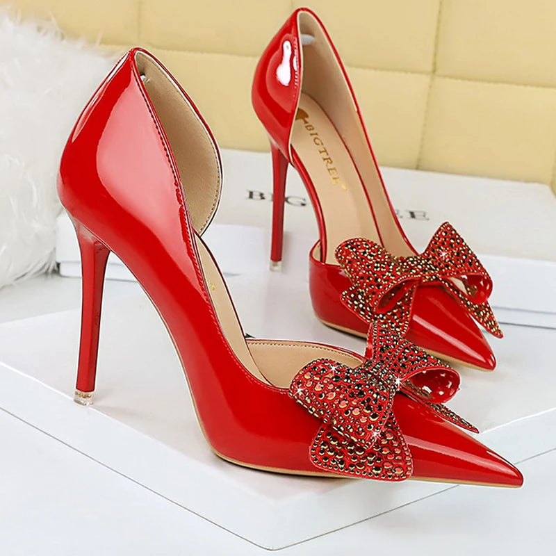 BIGTREE Shoes Luxury Pumps Women 10.5cm Heels Rhinestone Bowknot Lady Heels Stilettos Patent Leather High Heels Female Shoes