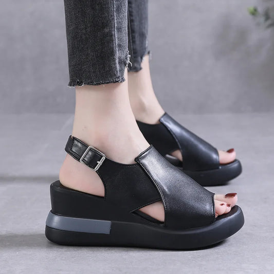 2023 Women's Platform Wedge Sandals New Summer High-heeled Fish Mouth Women's Shoes Soft Leather Heightened Platform Shoes