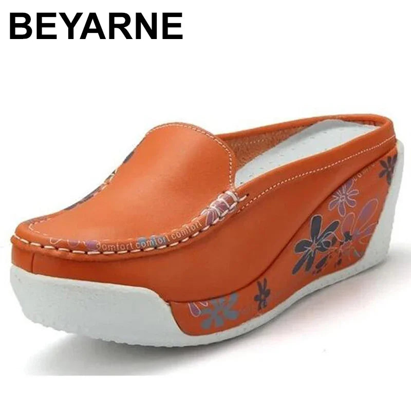 BEYARNEFlat Platform Shoes WomenSummer Spring Women's Flats Flower Print Slingbacks Ladies Casual Lazy Ladies Shoes FootwearE163