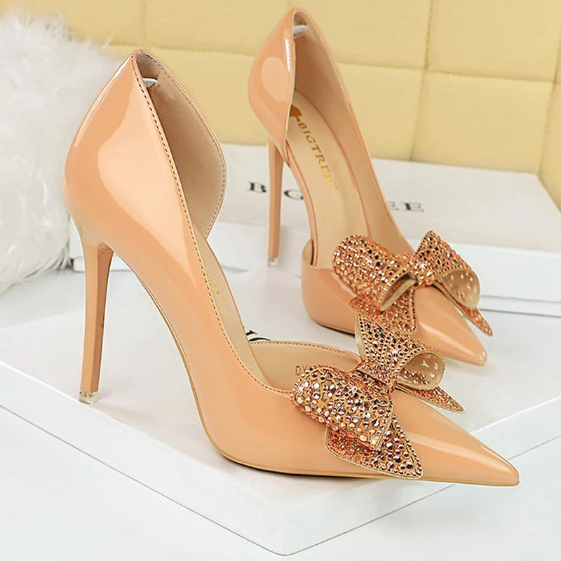 BIGTREE Shoes Luxury Pumps Women 10.5cm Heels Rhinestone Bowknot Lady Heels Stilettos Patent Leather High Heels Female Shoes